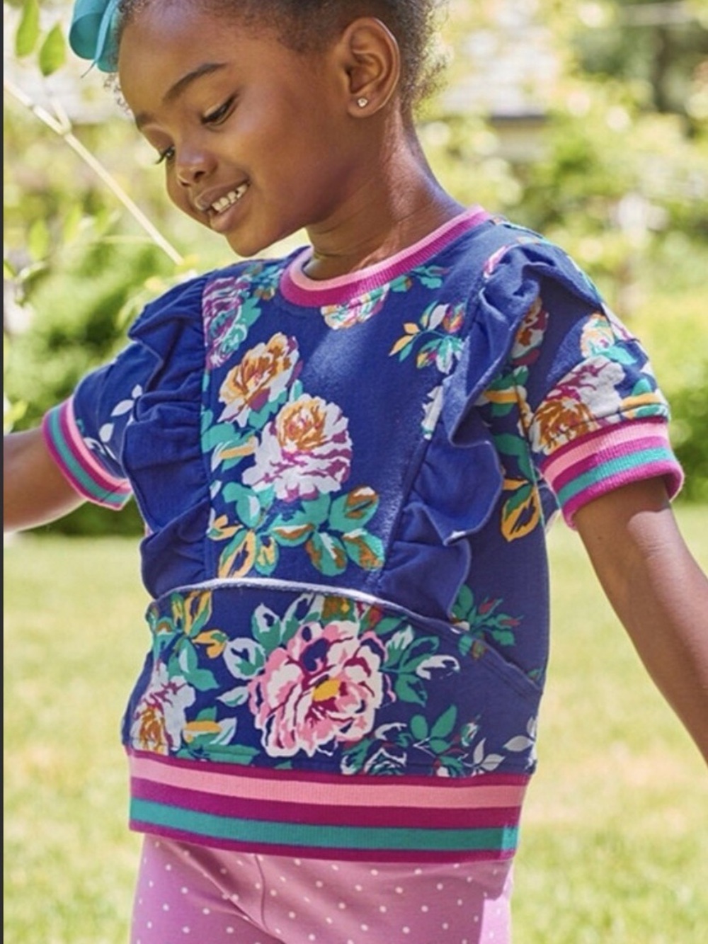 Matilda Jane Blue Floral Ruffle Sweatshirt with Pink Trim